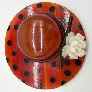 Vintage 1940s Red Polka Dot Egg Yolk Bakelite Sun Hat Brooch Needs Repair